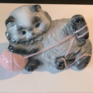 Vintage Ceramic Playful Persian Cat with Pink Yarn Decor (Rare grey color!)